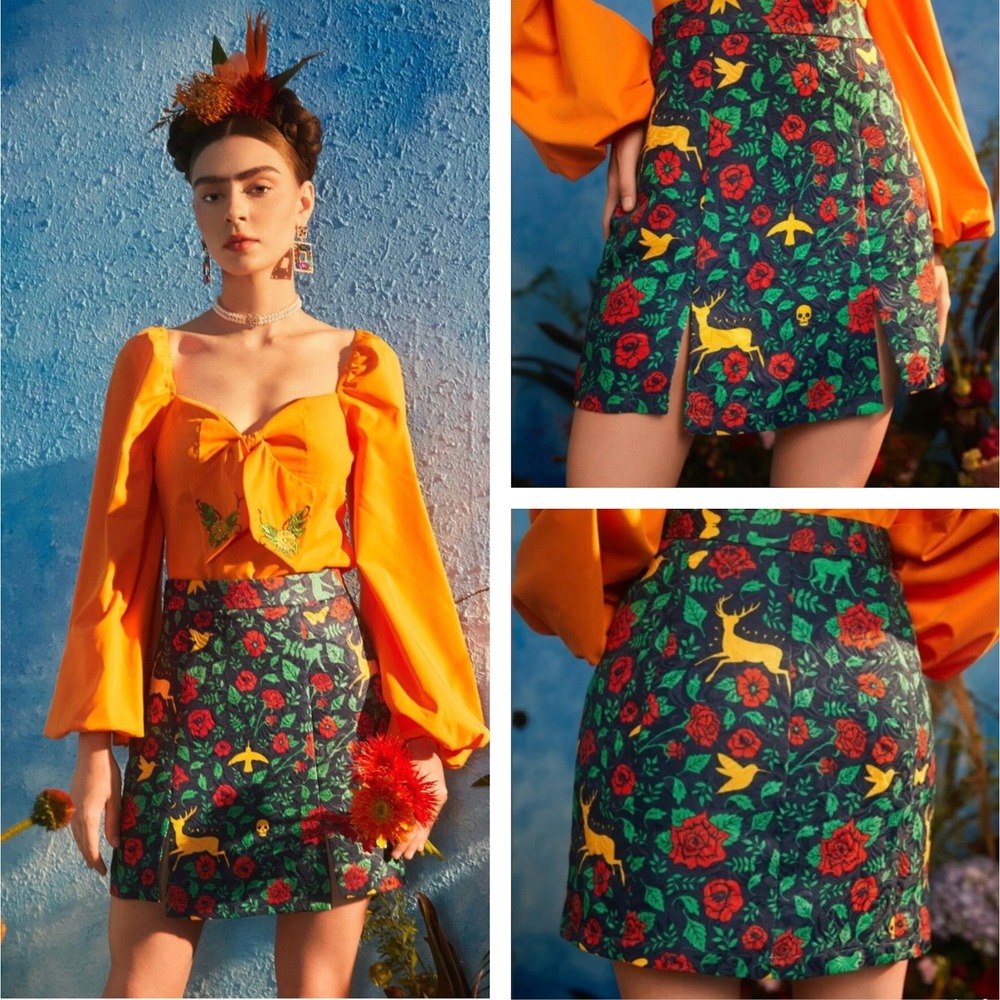 Oxana Frida Kahlo x SHEIN Designer Floral Print Split Hem Skirt